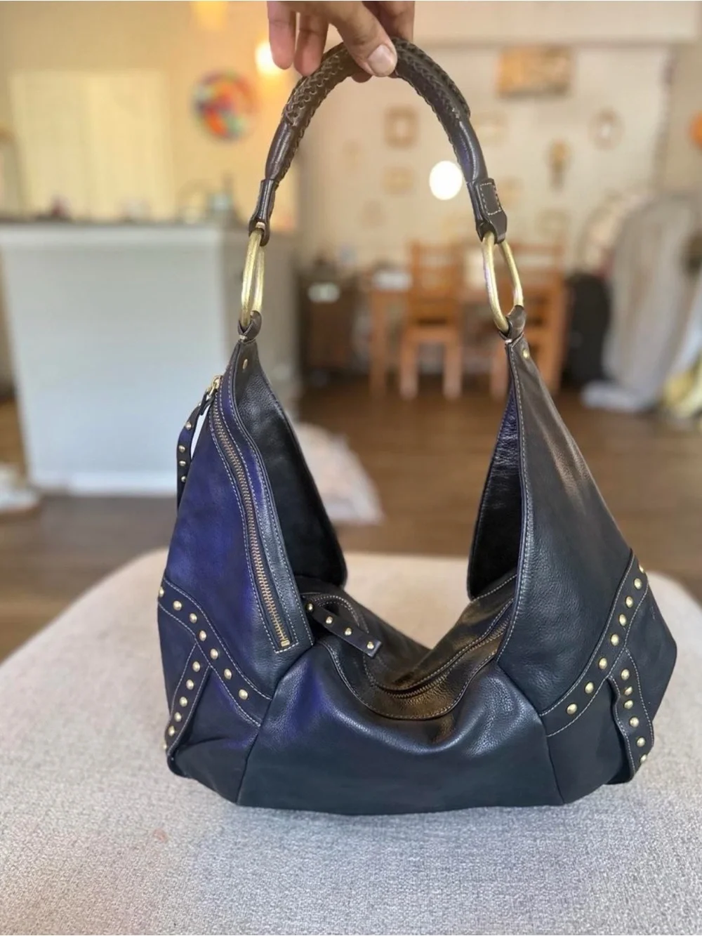 Kenneth Cole Navy Studded Leather Hobo